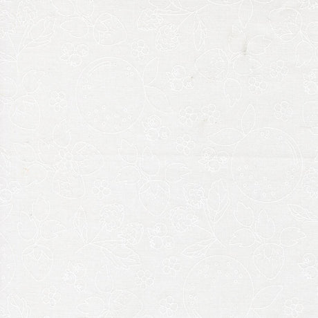 The image is a white fabric with a repeating pattern of flowers and leaves.