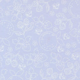 a repeating pattern of various fruits and flowers, including strawberries, blueberries, and leaves, all outlined in white against a light blue background.