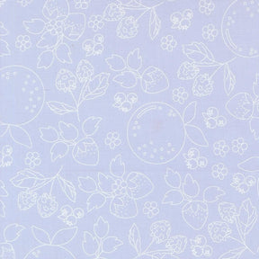 a repeating pattern of various fruits and flowers, including strawberries, blueberries, and leaves, all outlined in white against a light blue background.