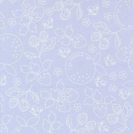 a repeating pattern of various fruits and flowers, including strawberries, blueberries, and leaves, all outlined in white against a light blue background.