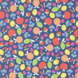 a vibrant and colorful pattern of various fruits, including apples, oranges, and berries, against a dark blue background.