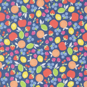 a vibrant and colorful pattern of various fruits, including apples, oranges, and berries, against a dark blue background.