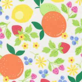 The image is a vibrant and colorful pattern featuring various fruits and flowers, including oranges, lemons, strawberries, blueberries, and yellow flowers, all set against a white background.