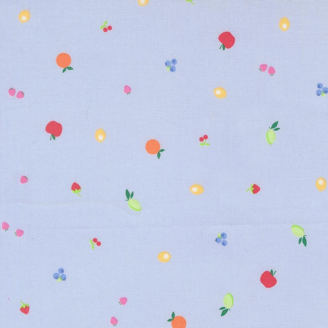 a variety of colorful fruits, including apples, oranges, and berries, scattered across a light blue background.