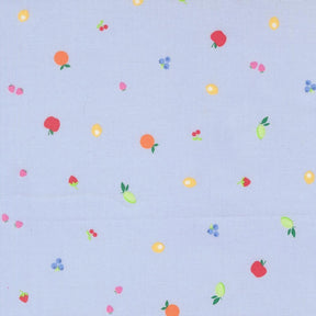 a variety of colorful fruits, including apples, oranges, and berries, scattered across a light blue background.