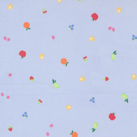 a variety of colorful fruits, including apples, oranges, and berries, scattered across a light blue background.