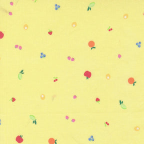 a repeating pattern of various colorful fruits, including apples, oranges, and berries, against a yellow background.