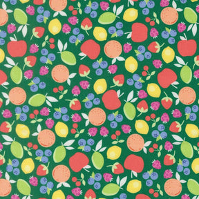 a vibrant and colorful pattern of various fruits, including apples, oranges, and berries, against a green background.