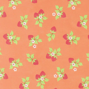 a repeating pattern of pink and green flowers and leaves on an orange background.