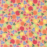 The image is a vibrant and colorful pattern featuring various fruits such as apples, oranges, and berries in different shapes and sizes. The pattern is a lively and playful representation of the fruits, with each fruit type represented in a unique and visually appealing manner.
