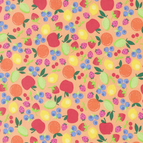 The image is a vibrant and colorful pattern featuring various fruits such as apples, oranges, and berries in different shapes and sizes. The pattern is a lively and playful representation of the fruits, with each fruit type represented in a unique and visually appealing manner.