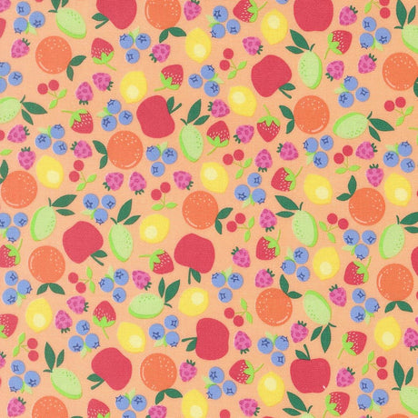 The image is a vibrant and colorful pattern featuring various fruits such as apples, oranges, and berries in different shapes and sizes. The pattern is a lively and playful representation of the fruits, with each fruit type represented in a unique and visually appealing manner.