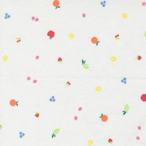 a variety of colorful fruits, including apples, oranges, and berries, scattered across a white background.