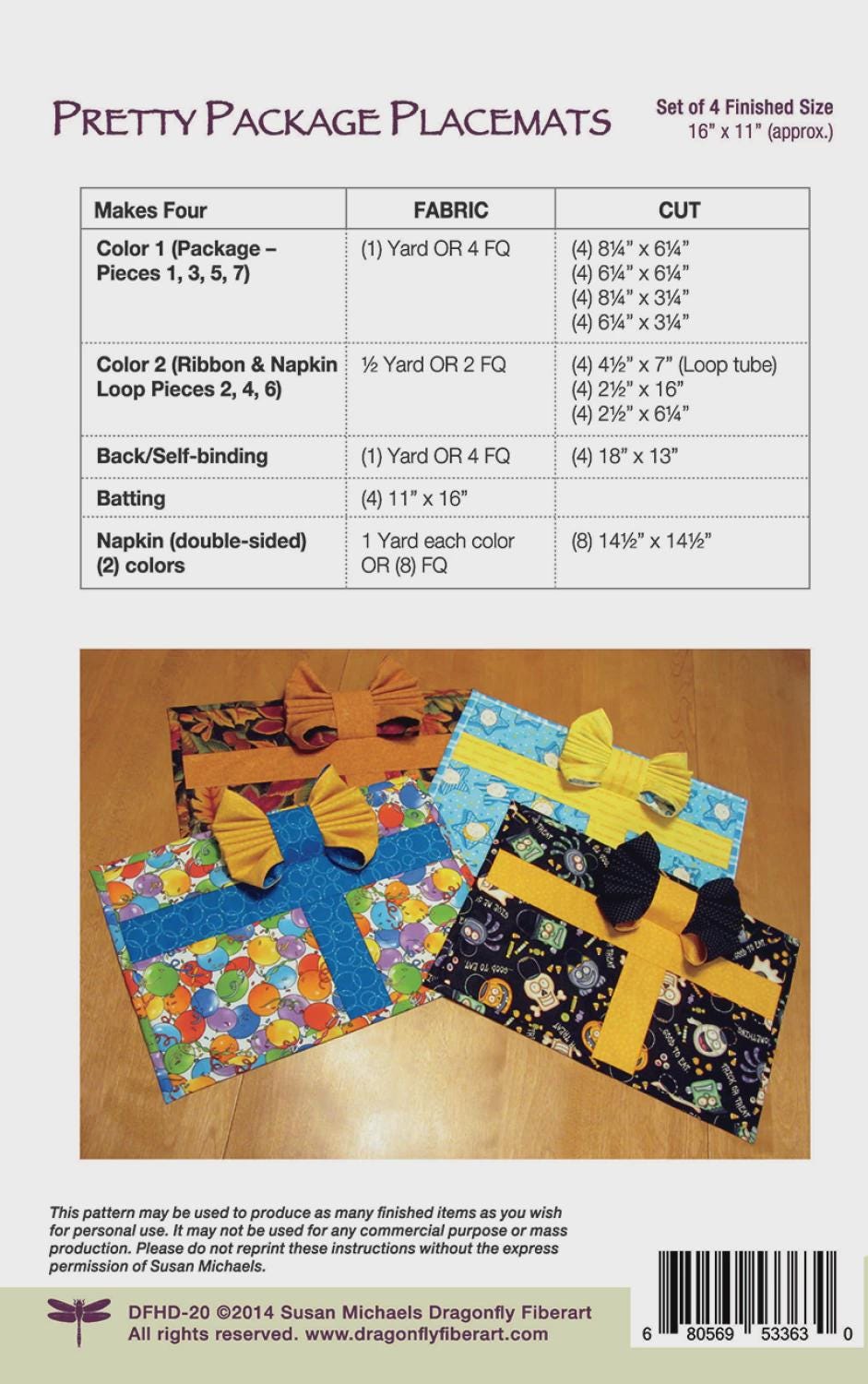 Pretty Package Placemats by Dragonfly Fiberart DFHD-20 Printed Pattern ONLY