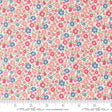 a fabric with a floral pattern in shades of pink, blue, and green. The fabric appears to be a light-colored material, possibly cotton or linen, with a repeating pattern of small flowers and leaves. The image does not contain any text or additional objects, and the focus is on the floral pattern.
