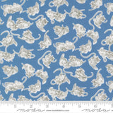 a repeating pattern of gray cats on a blue background.