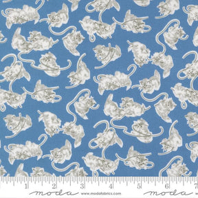 a repeating pattern of gray cats on a blue background.