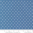 a close-up view of a fabric with a blue background and white polka dots. The fabric appears to be a type of textile, possibly used for clothing or home decor.