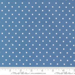 a close-up view of a fabric with a blue background and white polka dots. The fabric appears to be a type of textile, possibly used for clothing or home decor.