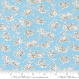a repeating pattern of gray and white cats against a light blue background.
