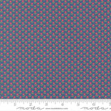 a repeating pattern of red flowers on a dark blue background.