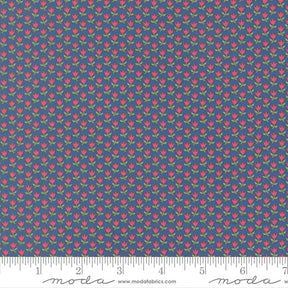 a repeating pattern of red flowers on a dark blue background.
