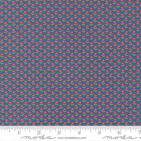 a repeating pattern of red flowers on a dark blue background.