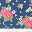 a close-up view of a fabric with a floral pattern. The fabric has a dark blue background with pink and white flowers scattered throughout. The flowers are the main focus of the image, with some larger flowers and smaller ones interspersed among them. The fabric appears to be a textile, possibly used for clothing or home decor.