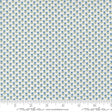 a fabric with a repeating pattern of blue flowers on a white background. The pattern is arranged in a grid-like fashion, creating a visually appealing and intricate design.