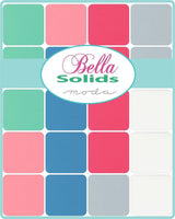 The image is a colorful collage of various square shapes in different colors, including pink, blue, green, and gray. In the center of the collage, there is a circular logo with the text "Bella Solids" and "moda" written in cursive.