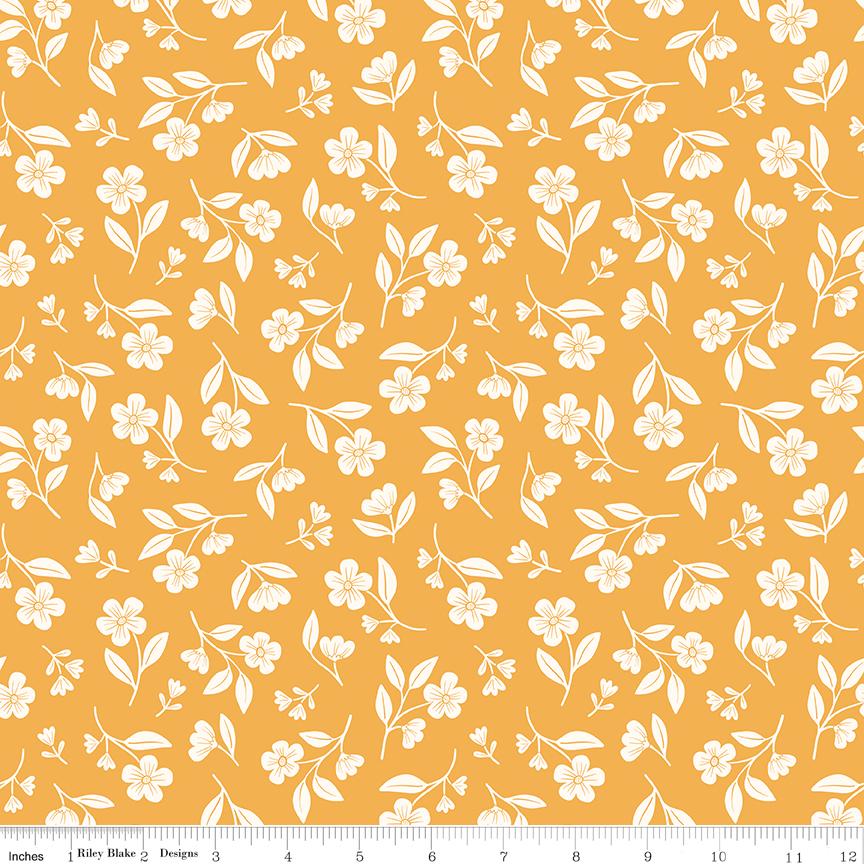 a repeating pattern of white flowers and leaves against a yellow background.