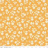 a repeating pattern of white flowers and leaves against a yellow background.