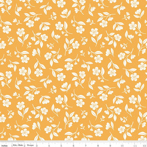 a repeating pattern of white flowers and leaves against a yellow background.