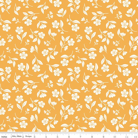 a repeating pattern of white flowers and leaves against a yellow background.