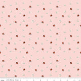 a repeating pattern of small ladybugs and flowers on a light pink background.