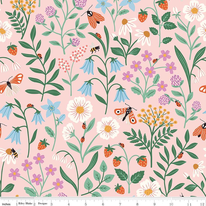 The image is a vibrant and colorful pattern featuring various flowers, leaves, and insects in shades of pink, blue, green, and orange.