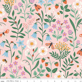The image is a vibrant and colorful pattern featuring various flowers, leaves, and insects in shades of pink, blue, green, and orange.