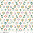 a repeating pattern of various flowers and plants in different colors, including pink, orange, green, and purple.