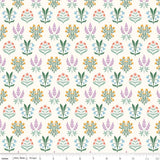 a repeating pattern of various flowers and plants in different colors, including pink, orange, green, and purple.