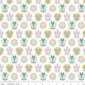a repeating pattern of various flowers and plants in different colors, including pink, orange, green, and purple.
