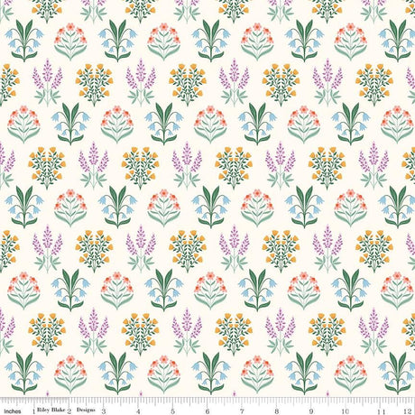 a repeating pattern of various flowers and plants in different colors, including pink, orange, green, and purple.