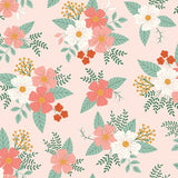 a repeating pattern of pink and white flowers with green leaves, creating a visually appealing and harmonious design.