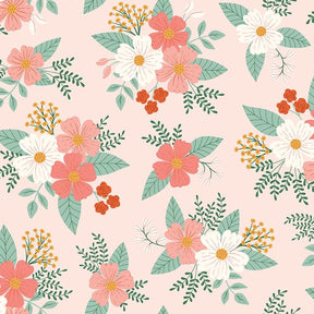 a repeating pattern of pink and white flowers with green leaves, creating a visually appealing and harmonious design.