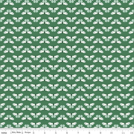 a repeating pattern of white butterflies against a green background.