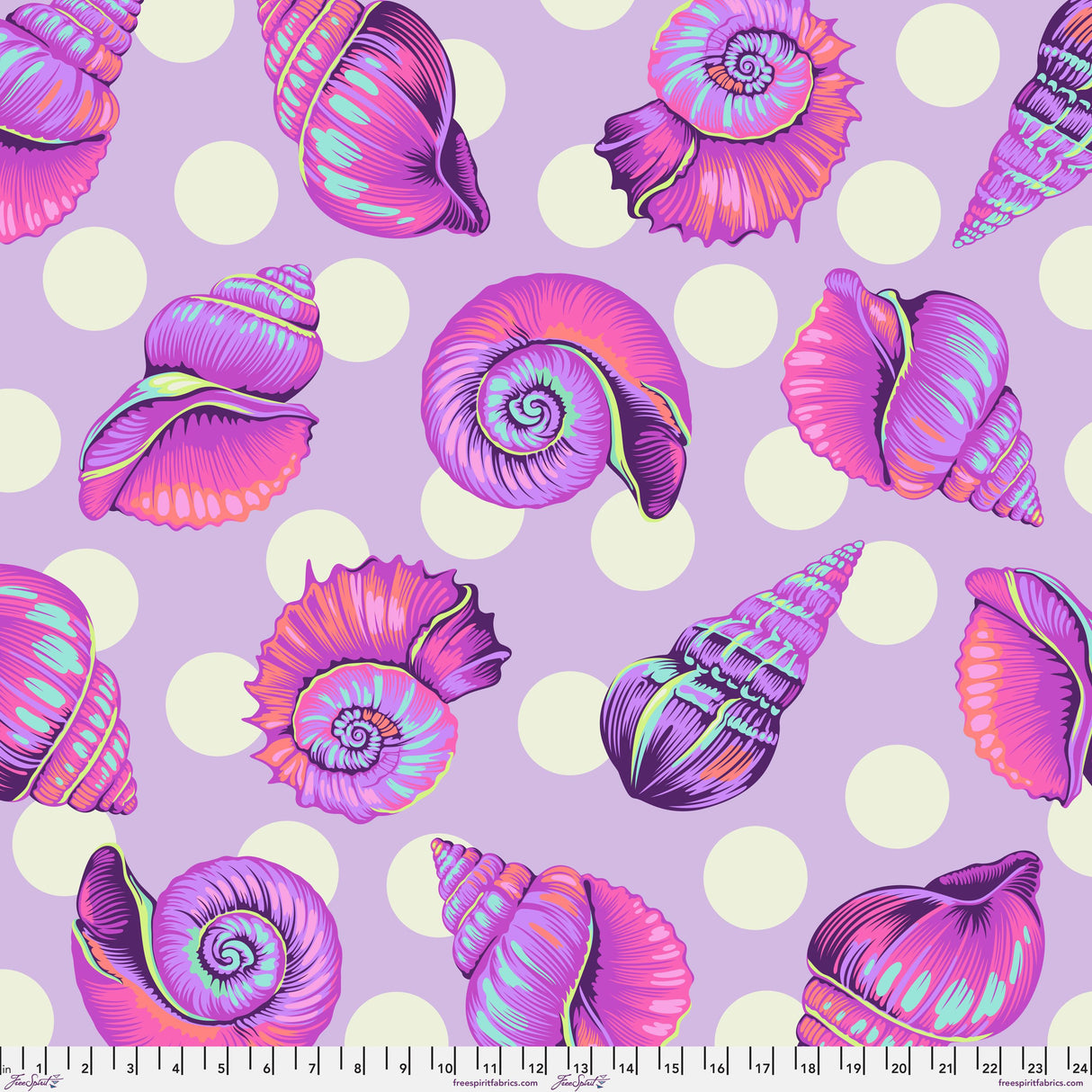 a collection of vibrant, colorful seashells against a polka dot background.