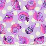 a collection of vibrant, colorful seashells against a polka dot background.