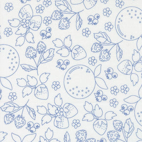a repeating pattern of various fruits and flowers, including strawberries, blueberries, and leaves, all drawn in a simple, line-drawn style.