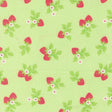 a repeating pattern of red strawberries with green leaves and white flowers on a light green background.
