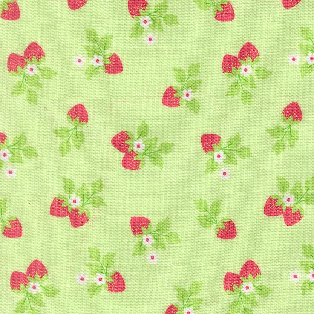 a repeating pattern of red strawberries with green leaves and white flowers on a light green background.
