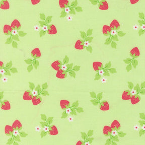 a repeating pattern of red strawberries with green leaves and white flowers on a light green background.